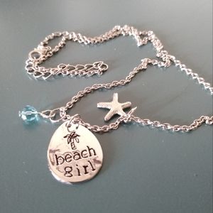 Palm Beach Girl/Blue Glass Bead/Star Fish Silvertone Necklace. 20"to22" Length